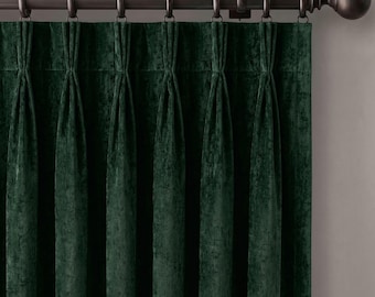 Emerald Green Velvet Curtains, Custom Pinch Pleat Drapes, Blackout or Privacy Lined Window Panels, Multiple Colors & Heading Styles