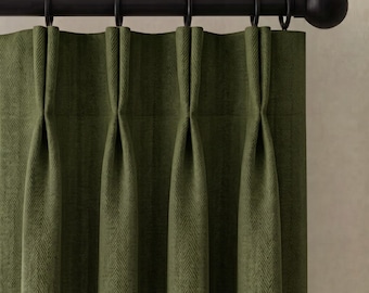 Pinch Pleat Linen Herringbone Curtains, Custom Heavyweight Green Linen Drapery, Blackout or Cotton Lined Window Panels