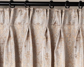 Double Pinch Pleat Damask Curtains, Custom Made to Order Gold Beige Jacquard Drapes, Luxury Curtains for Living Room & Bedroom