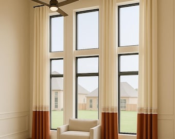 Extra Long Color Block Curtains with Greek Key Border, High Ceiling Drapes, Custom Made Floor to Ceiling Linen Drapery