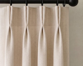 Pinch Pleat Linen Herringbone Curtains, Custom Heavyweight Linen Drapery, Blackout or Cotton Lined Window Panels