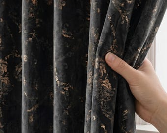 Black Velvet Curtains, Gold Gilded Curtain Panel, Custom Luxury Velvet Drapes, Blackout or Cotton Lined Window Panels
