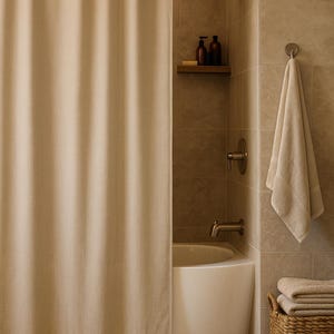Puede incluir: Un interior de ba&ntilde;o con una cortina de ducha beige, una ba&ntilde;era blanca y una cesta tejida con toallas dobladas. La alcachofa de la ducha y los grifos son de color bronce. Una alfombra redonda tejida est&aacute; en el suelo.