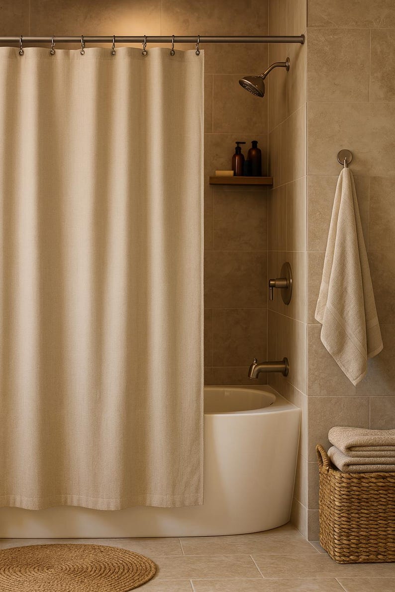 Puede incluir: Un interior de ba&ntilde;o con una cortina de ducha beige, una ba&ntilde;era blanca y una cesta tejida con toallas dobladas. La alcachofa de la ducha y los grifos son de color bronce. Una alfombra redonda tejida est&aacute; en el suelo.