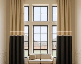 Extra Long Custom Color Block Curtains with Greek Key Border, High Ceiling Drapes, Custom Made Floor to Ceiling Linen Drapery
