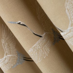 100% Blackout Embroidered Linen Curtain Panel with Crane Pattern, Natural Beige Modern Drapery, Custom Size Linen Window Treatment