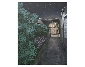 Dark Spooky Mysterious English Village with Black Cat Digital Painting Poster