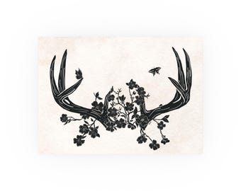 Vintage Antler and Dogwood Art Poster, Lino Cut Black, Fine Art Prints, Original Art