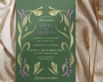 Downloadable Customizable Printable Fantasy Floral Lavender Elven Wedding Invitation