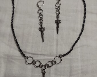 Antique Silver Dagger Jumpring Chainmail Necklace and Earrings Set