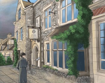 A Morning Stroll Through the Town, Canvas Print, Digital Painting, Wall Art, Gift for Studio Ghibli lovers, Fantasy Village Artwork
