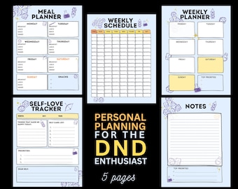 Downloadable Printable DnD Dungeons and Dragons RPG Dice Player Daily Weekly Planner Planning Tracker Notes Organization