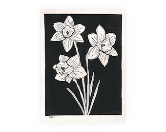 Vintage Daffodil Art Poster, Lino Cut Black, Fine Art Prints, Original Art