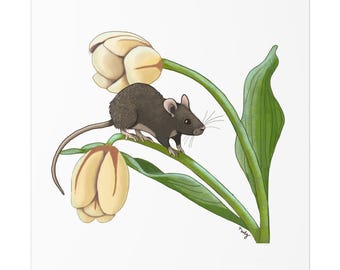 Whimsical Mouse & Tulip Art Print | Nature Decor, Cute Animal Poster, Spring Wall Art, Gift for Animal Lovers, Botanical Illustration