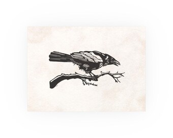 Vintage Raven Art Poster, Lino Cut Black, Fine Art Prints, Original Art