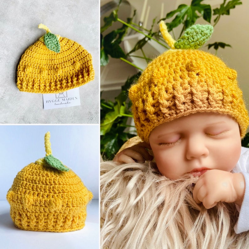 Baby Lemon Hat, Crochet Baby Hat, Cute Fruit Beanie, Lemon Beanie, Hand