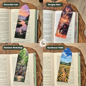 May include: Four bookmarks with distinct illustrations: Riverside Cats showing two cats by a river at sunset, Dragon Nest featuring a dragon in a volcanic landscape, Summer Bookshop depicting a storefront, and Sunflower Field with a path through flowers.