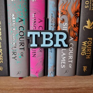 May include: A bookshelf with a blue and black bookend that says "TBR" in large letters. The bookend is placed between two books with the titles "A Court of Wings and Ruin" and "A Court of Silver Flames".