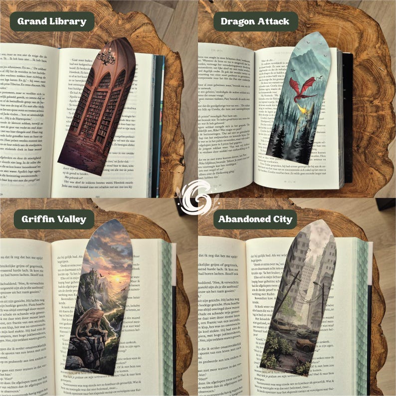 May include: Four vertical bookmarks with pointed tops, each featuring a distinct illustration: a grand library, a red dragon attacking a forest, a griffin in a mountain valley, and an abandoned city. Each bookmark is placed inside an open book.