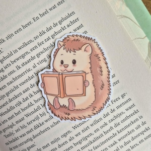 May include: A sticker featuring a cartoon hedgehog reading a book. The hedgehog is light brown with a cream-colored belly and is holding an open book with peach-colored pages. The sticker is on a book page.