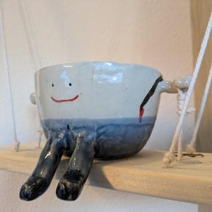 Könnte beinhalten: Ein skurriler Keramik-Pflanztopf, bemalt in Weiß und Blau, mit einem lächelnden Gesicht und Beinen. Der Pflanztopf hängt an einem Holzregal mit weißem Seil. Der Pflanztopf hat einen Riss an der Seite.