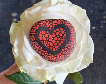 FLOWER HEART - artist painted, basalt stone from the Oregon Coast