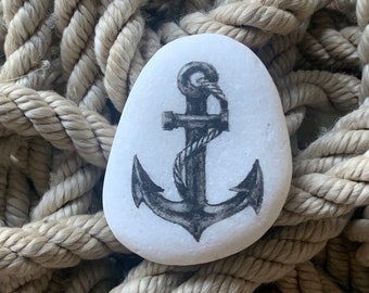 ANCHOR - hand painted watercolor design on sea tumbled marble Mediterranean stone