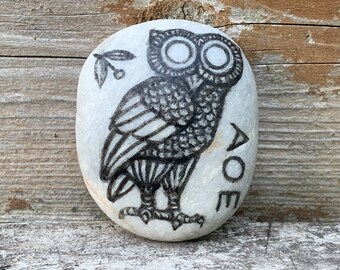 ATHENIAN OWL - hand painted design on sea tumbled stone