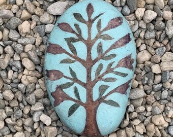 Flower Tree - unique painted artist stone - watercolor and acrylic on Aegean Sea stone - paperweight