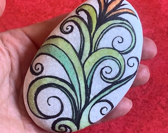 GROW - stylized flower - painted art stone - Aegean Sea stone - artist rock - hand size - painted marble -