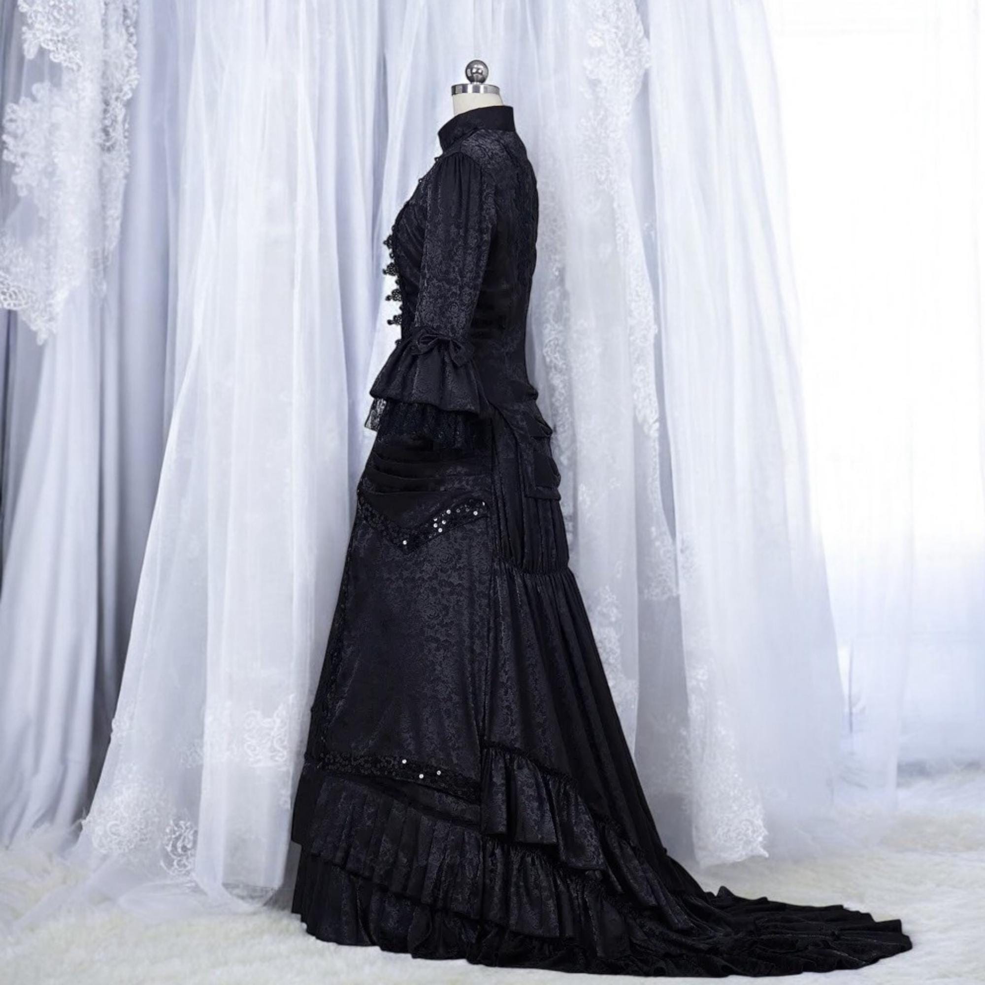 Elegant Victorian Goth Dress With Dark Lace, Perfect for Mourning