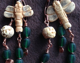 Earrings, Dangle, Vintage Frosted Beads, Dragonfly, Hand Carved Beads, Wire Wrapped, Copper, Green, Vintage Copper Chain, Organic Design