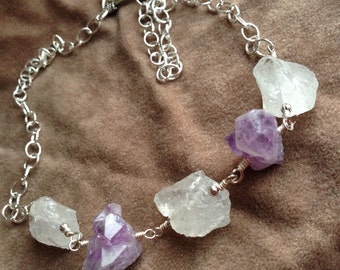 Necklace, Raw Amethyst & Quartz Crystal Necklace, Raw Natural Amethyst, Natural Quartz Hammered Stones, Wire Wrapped, Silver Wire/ Chain ART