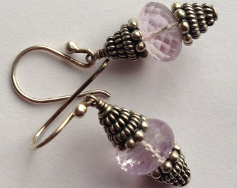 Earrings, Thai Hill Tribe Silver, Pink Faceted Amethyst , Dangle, Sterling Ear Wires, Artisan, Handcrafted, Wire Wrapped, Semiprecious, OOAK