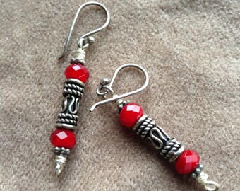 Earrings, Dangle, Red, Crystal, Antiqued Silver, Silver Tone Findings, Sterling Ear Wires, Wire Wrapped, One Of A Kind, Handmade, Artisan