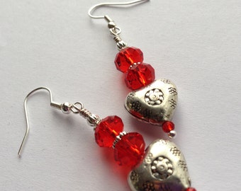 Earrings, Heart, Dangle, Red, Crystal, Antiqued Hollow Silver Heart, Silver Tone, Wire Wrapped, Vintage Bead, OOAK, Handmade, Romantic Gift