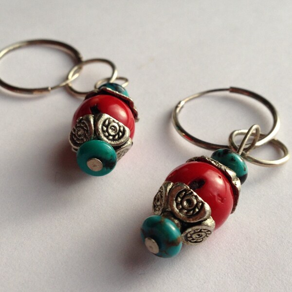 Earrings, Turquoise, Red Coral, Silver,  Dangle, Sterling Ear Hoop, Handcrafted, Tribal, Organic, One Of A Kind, Mongolian Inspired, Artisan