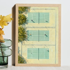 Tennis Art Print | Tiny Tennis Players Aerial View | Minimalist Sports Wall Art | Vintage Digital Download | Tennis Lover Gift | Printable