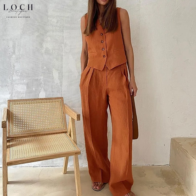 Womens Linen Shorts and Vest Set Summer Two Piece Outfit Casual Chic