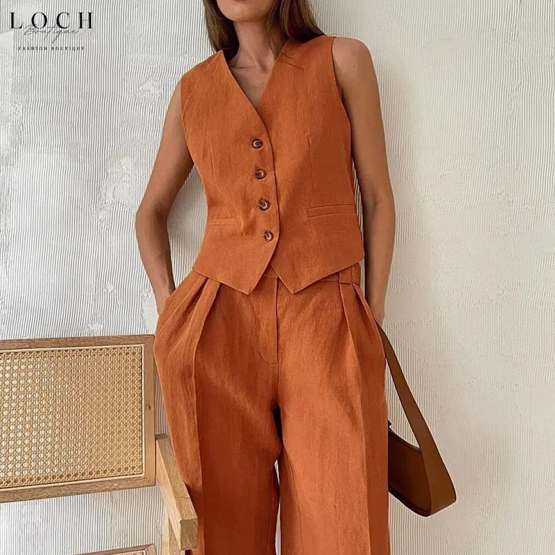 Womens Linen Shorts and Vest Set Summer Two Piece Outfit Casual Chic