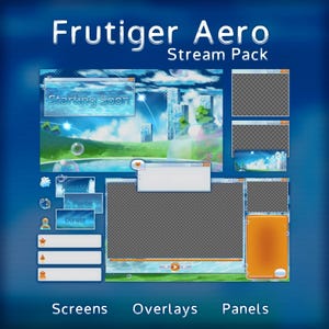 Könnte beinhalten: Ein digitales Stream-Paket namens "Frutiger Aero" mit Bildschirmen, Overlays und Panels. Das Design zeigt einen blauen Farbverlaufshintergrund mit einer Landschaftsszene, Blasen und Elementen im Fensterstil. Der Text enthält "Starting Soon", "About Me" und "Donate".