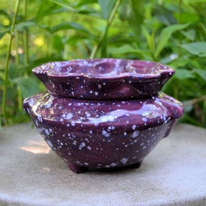 May include: Purple ceramic planter with white speckles. The planter has a scalloped rim and a wide base.