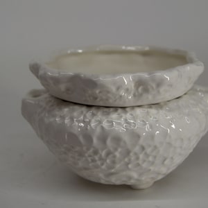 May include: White ceramic planter with a textured, floral design. The planter has a removable inner pot.