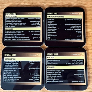Peut inclure: Quatre sous-verres noirs avec du texte doré et des icônes. Chaque sous-verre présente une section différente d'une feuille de triche Git. Le premier sous-verre montre des commandes pour réécrire l'historique Git. Le deuxième sous-verre montre des commandes pour les bases de Git et les référentiels distants. Le troisième sous-verre montre des options Git supplémentaires. Le quatrième sous-verre montre des commandes pour la configuration initiale de Git et les branches Git.