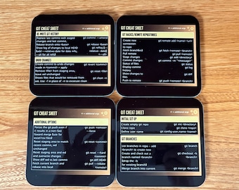 Git shortcuts coasters x 4 | set of 4 git cheat sheet coasters | git command line coasters | programmer coasters | geeky coasters | coding