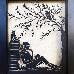 AFTERNOON READING in the PARK Papercut in Shadow Box Hand-Cut Silhouette, Framed image 1