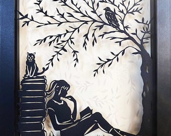 AFTERNOON READING in the PARK Papercut in Shadow Box - Hand-Cut Silhouette, Framed