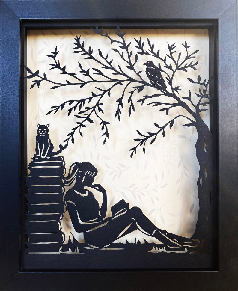 AFTERNOON READING in the PARK Papercut in Shadow Box Hand-Cut Silhouette, Framed image 1