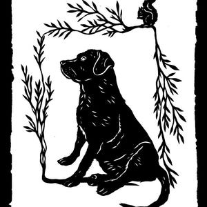 Puede incluir: Grabado en linóleo en blanco y negro que representa a un perro Labrador Retriever sentado y mirando hacia la izquierda. Una ardilla está posada en una rama encima del perro. El perro está enmarcado por ramas y hojas.