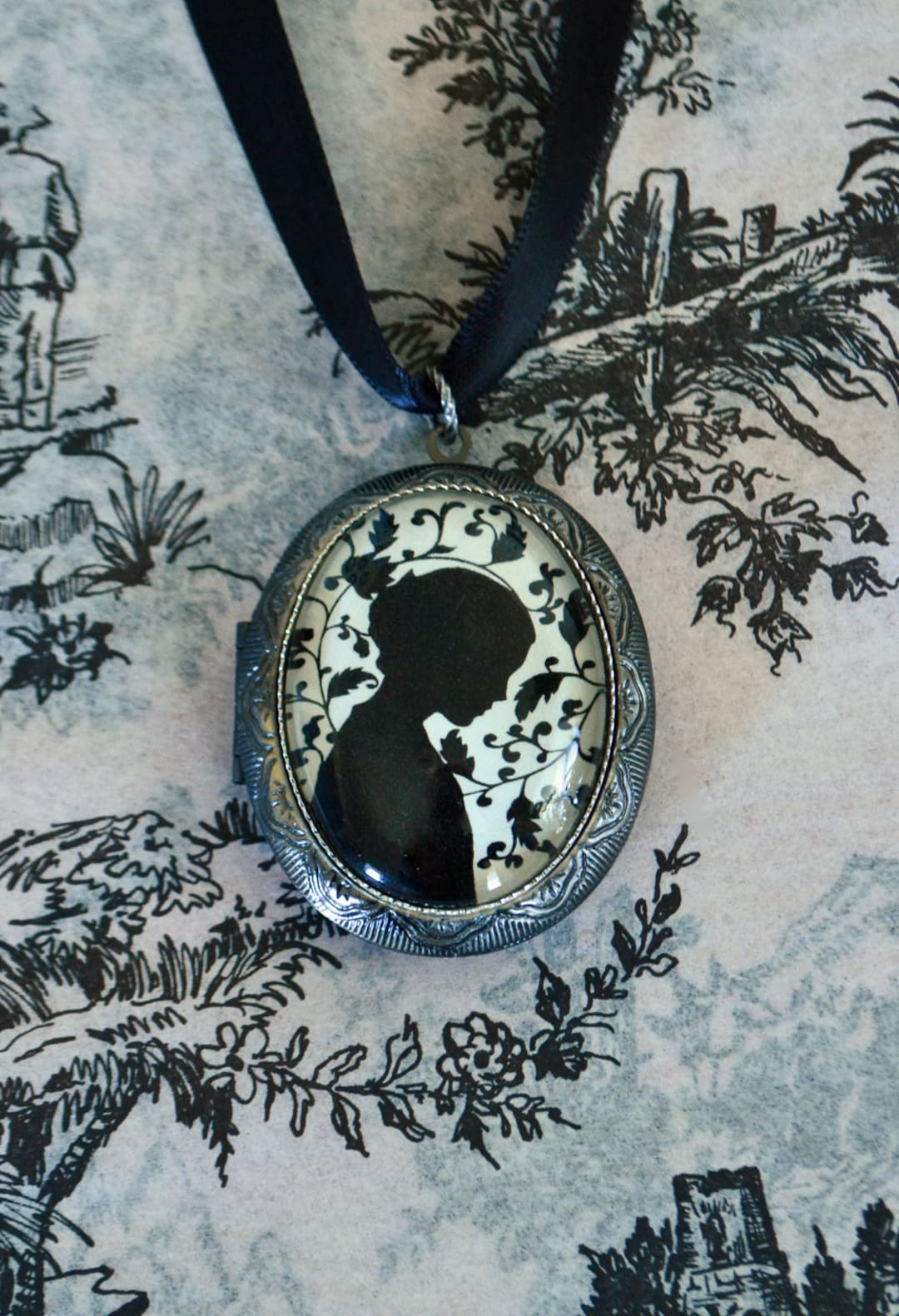 JANE EYRE Locket Necklace - Locket Pendant on Ribbon - Silhouette ...
